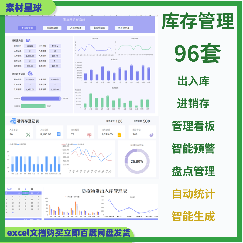 仓库出入库管理系统库存数量统计预警盘点表进销存excel周转看板