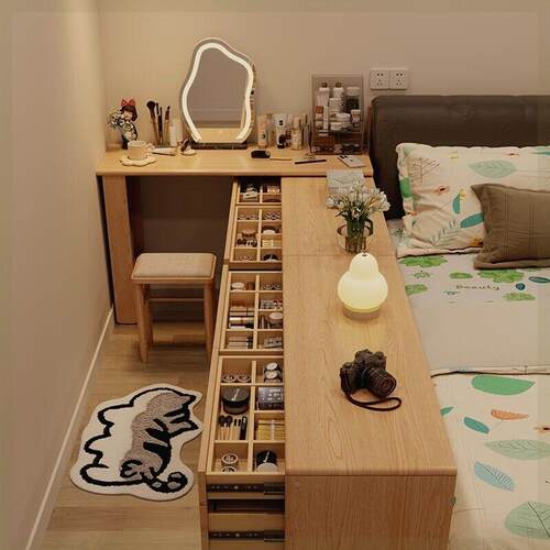 梳妆台斗柜一体床尾收纳柜转角化妆桌卧室简约现代书桌化妆台实木