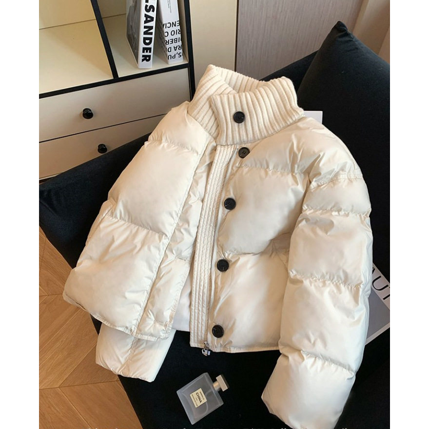 拼接针织立领短款棉服女装2025年冬季新款通勤高级感百搭加厚外套