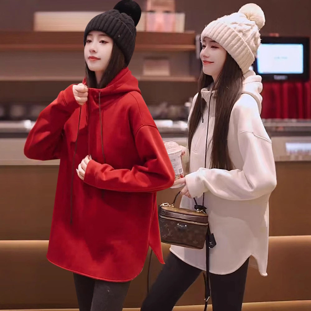 连帽加绒加厚中长款卫衣女2025秋冬新款宽松百搭小个子打底衫上衣
