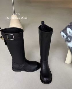 EOS显瘦厚底加绒长靴女2025冬新款粗腿长筒靴英伦风骑士靴高筒靴