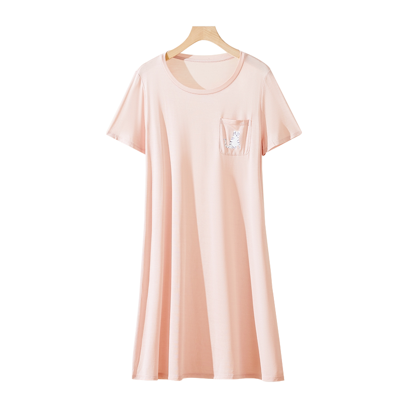 真丝睡衣女桑蚕丝宽松舒适短袖印花家居服睡裙圆领大码打底裙夏季
