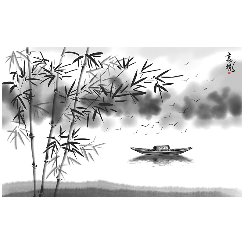 现代中式水墨竹子意境墙纸定制壁画客厅电视背景墙壁纸山水画墙.