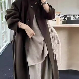 立领系带宽松版大衣女双面羊绒大衣加长常规款时尚羊毛毛呢外套女