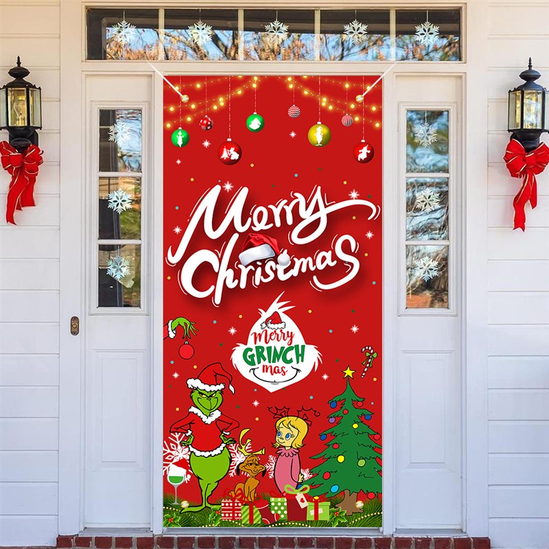 2024新款圣诞节门帘格林奇红色横幅背景布圣诞节日装饰门幅挂