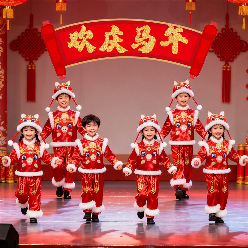 儿童欢庆马年演出服幼儿红马贺岁喜庆舞蹈少儿春晚元旦春节表演装