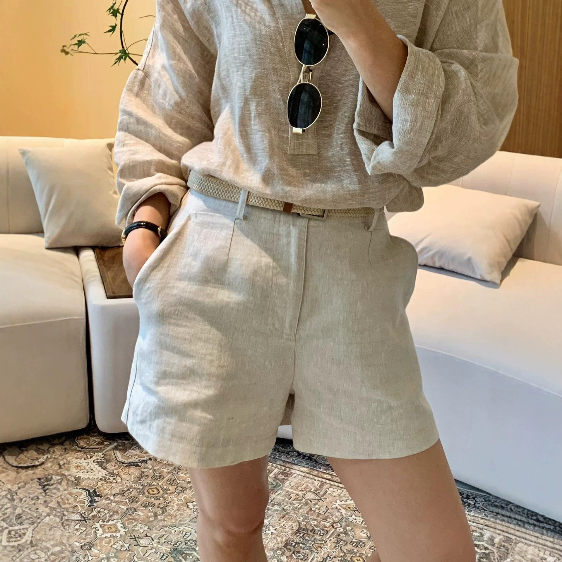 老钱风亚麻短裤女2026新款夏季简约休闲百搭松弛感宽松显瘦阔腿裤