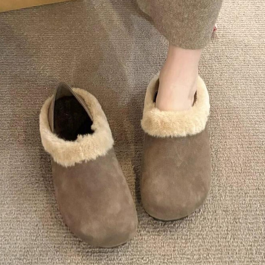 软皮版~加绒勃肯鞋女踩跟两穿一脚蹬百搭休闲棉鞋复古保暖平底鞋