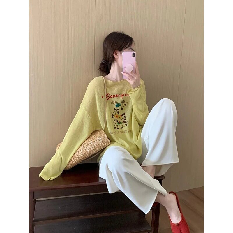 韩系黄色印花防晒冰丝长袖T恤女夏季设计感小众外搭薄款罩衫上衣