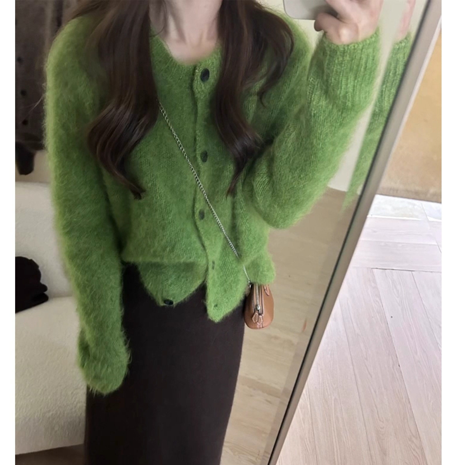 高级感绿色针织开衫外套女秋冬软糯奶fufu毛衣外穿宽松上衣