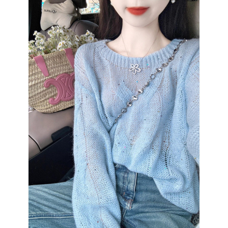 蓝色细闪长袖镂空软糯套头毛衣女秋季宽松慵懒风高级感针织衫上衣