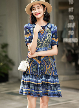 南油高端75265 定位印花真丝宽松蛋糕裙