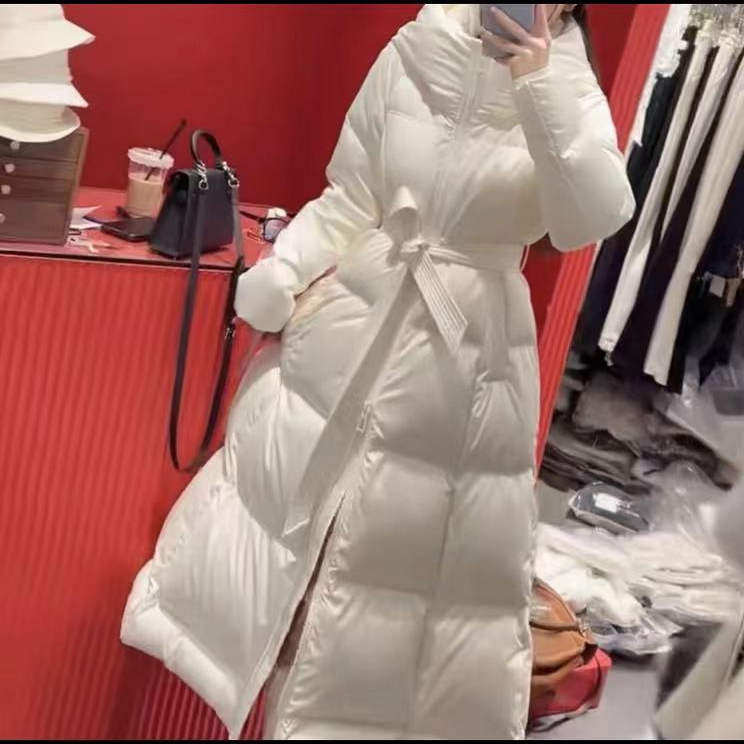 深圳顶奢国标95白鹅绒长款羽绒服时尚系带缎面极寒保暖外套女现货