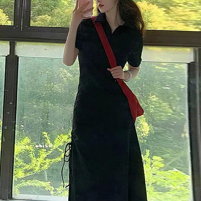 法式高级感别致绝美黑色连衣裙子2025新款女装夏季遮肚子显瘦长裙