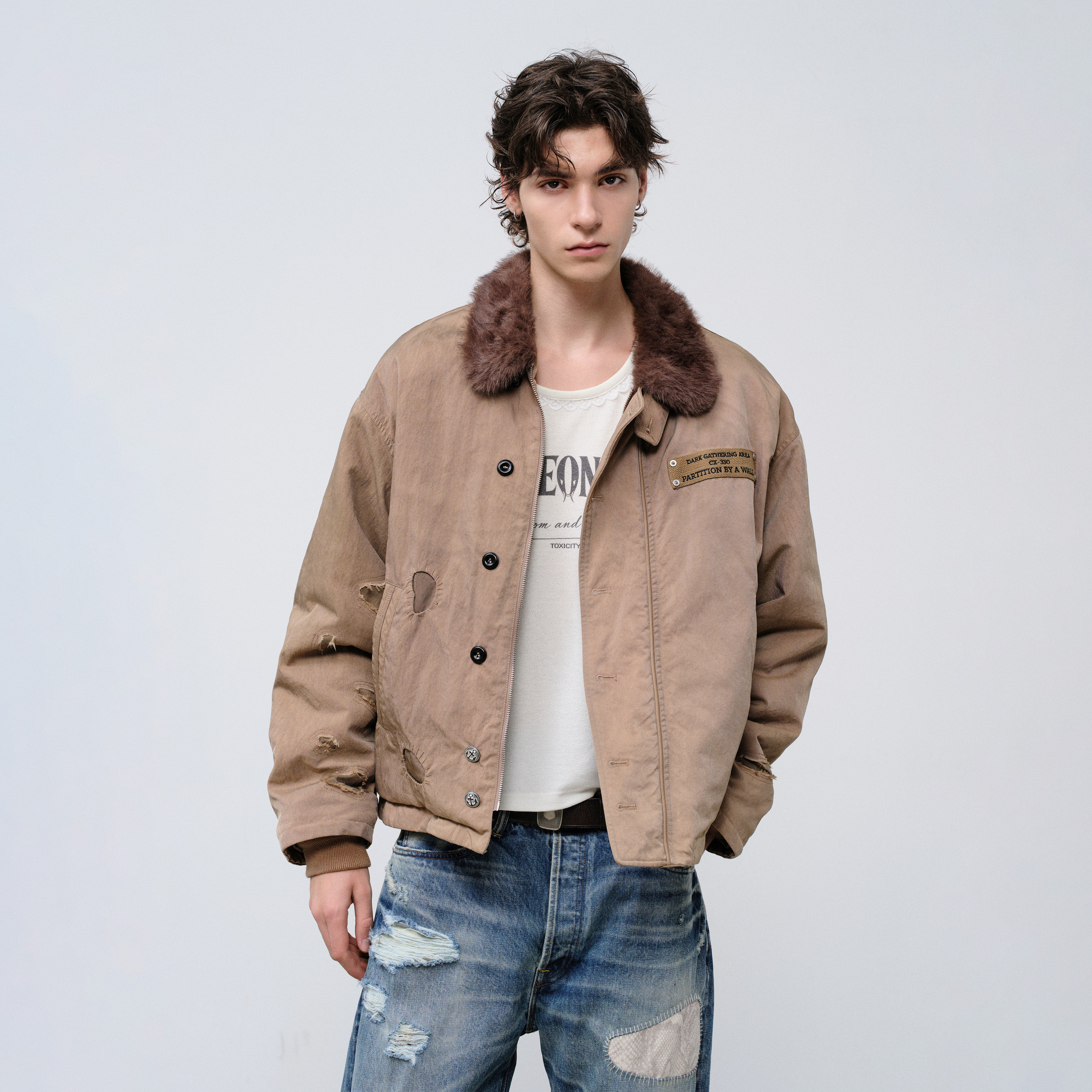 FACEONLAB  N1破坏甲板服两面穿时尚抓绒毛领秋冬仿皮草外套男,男装,时尚抓绒衣,淘宝优惠券,粉丝福利购,淘宝优惠卷