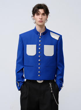 飞上来FACEONLAB蓝色纪念乐章金属肩片制服立领西装短款男士夹克