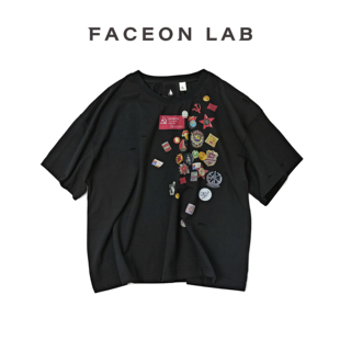 FACEONLAB 街头宽松复古原创设计 荣耀勋章做旧T恤黑百搭夏季