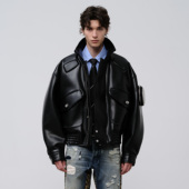 飞上来FACEONLAB原创设计感金属臂章皮棉衣男式 翻领拉链保暖皮衣