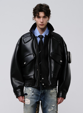 飞上来FACEONLAB原创设计感金属臂章皮棉衣男式翻领拉链保暖皮衣