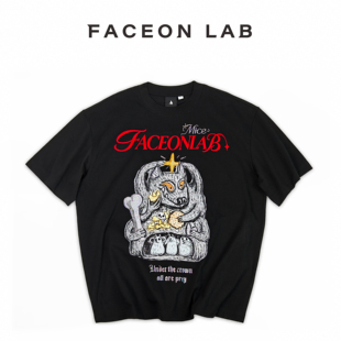 FACEON LAB浮世乱绘卡通手绘印花烫钻宽松短袖T恤纯棉上衣休闲风