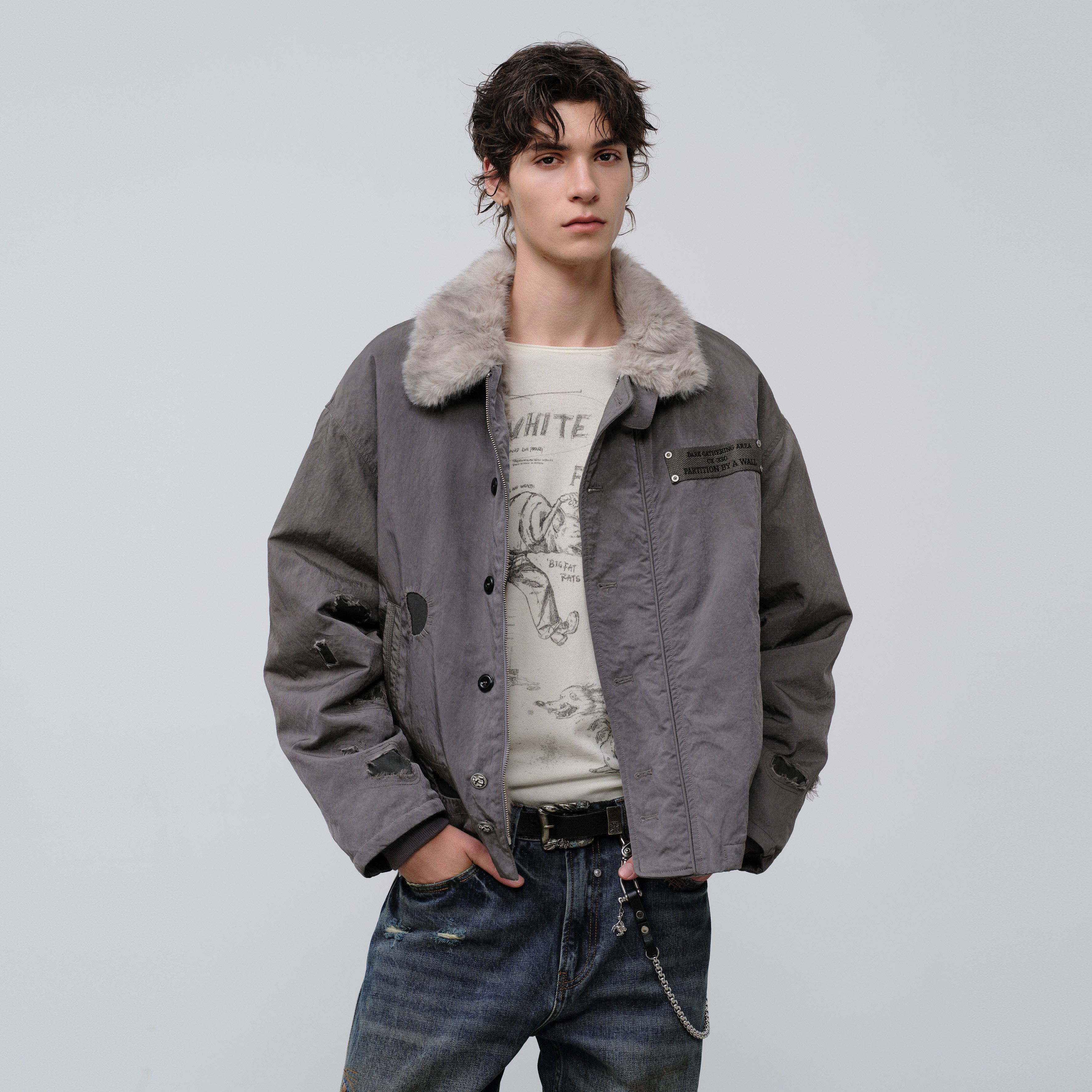 FACEONLAB  N1破坏甲板服两面穿时尚抓绒毛领秋冬仿皮草外套男,男装,时尚抓绒衣,淘宝优惠券,粉丝福利购,淘宝优惠卷