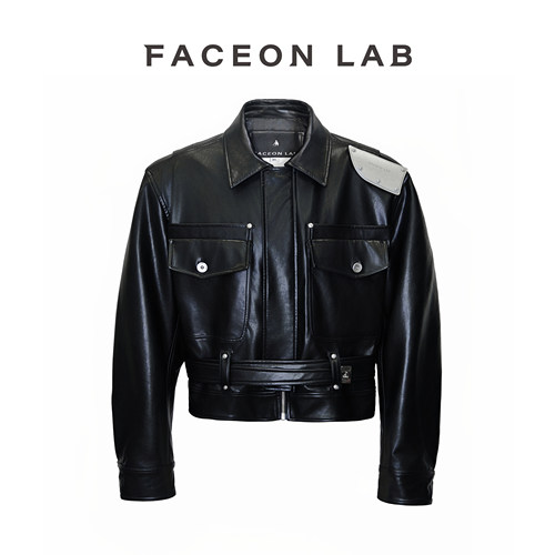 金属肩片皮夹克明星设计师外套