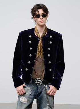 飞上来FACEONLAB紫丝绒拿破仑夹克纽扣金属装饰短款舞台表演外套