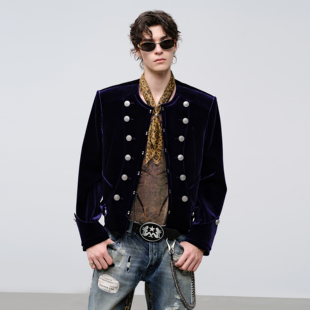 飞上来FACEONLAB紫丝绒拿破仑夹克纽扣金属装饰短款舞台表演外套