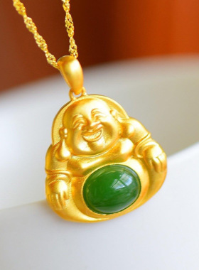 新款 纯银绿色笑佛宝石项链妈妈网红白色工艺宝石项链绿色民族风