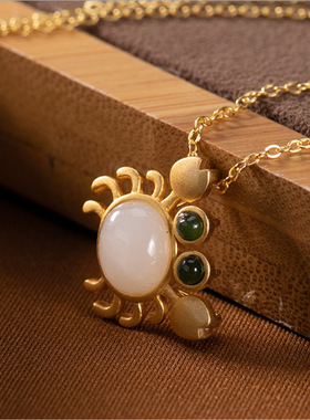 银镀金想和田玉螃蟹套装女款天然白玉镀金螃蟹耳环耳坠戒指金项链