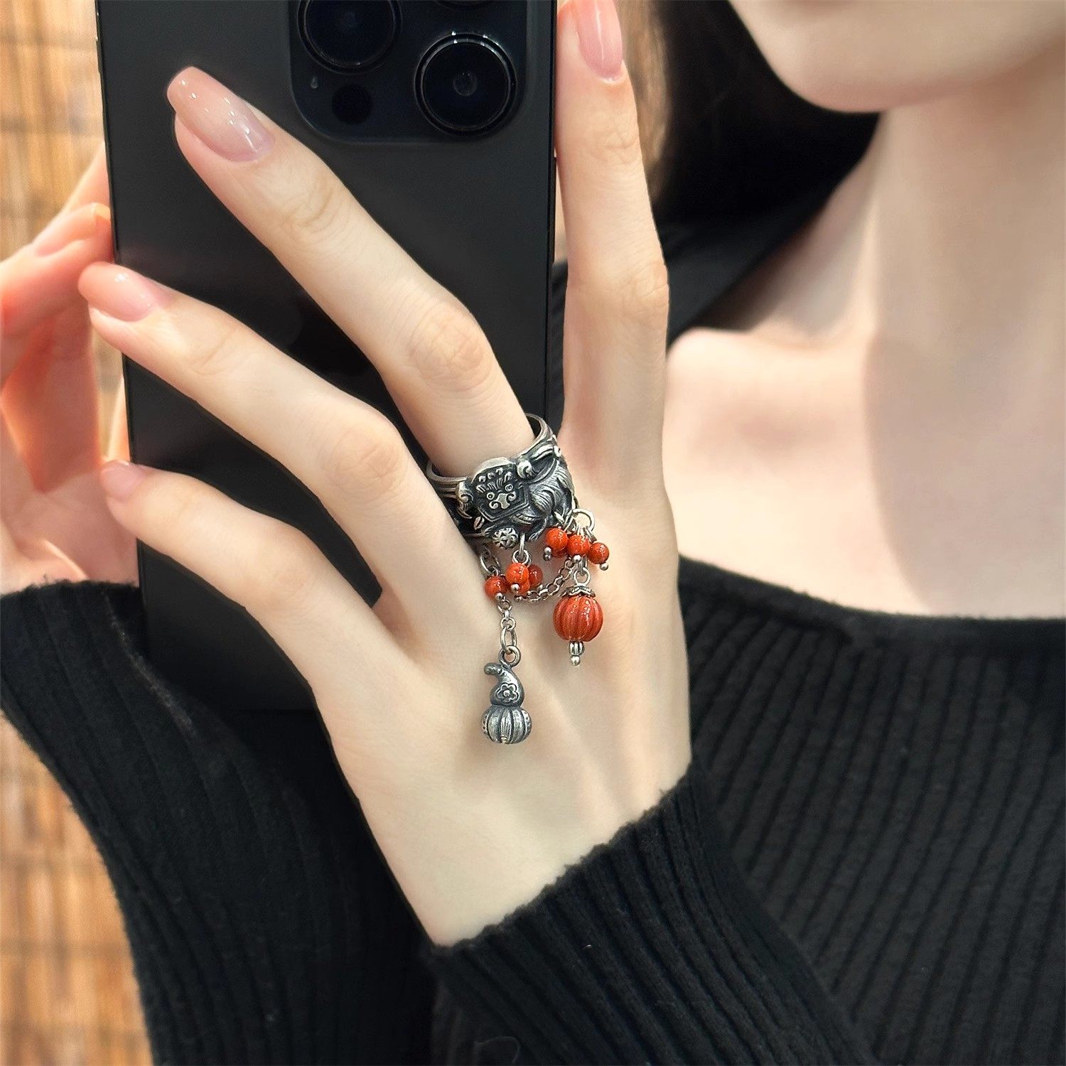 轻奢民族风南红小圆珠葫芦醒狮子手工足银戒指瓜珠新中式潮流女款