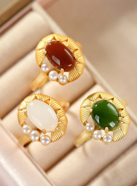 宫廷风古法金南红玛瑙珍珠戒指女复古风优雅高档白玉碧玉指环开口
