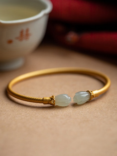 s925纯银手镯女和田碧玉古法金兰花开口复古中国风镯子手饰宫廷风