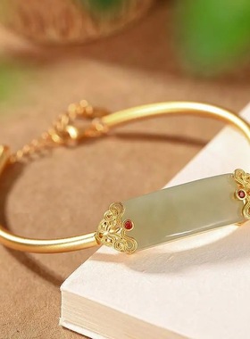 事事如意天然玉青玉髓手镯女镀古法金镶红宝石个性镂空古花纹手环