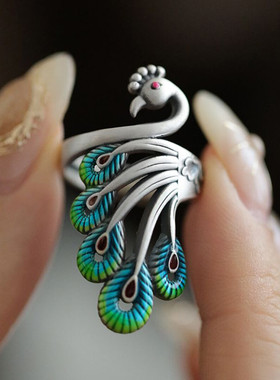 新中式复古925银珐琅彩孔雀戒指环开口调节百搭女小众设计高级感