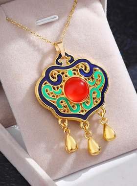 S925银仿南红玛瑙蛋面如意小锁珐琅彩流苏吊坠项链毛衣链古风搭配