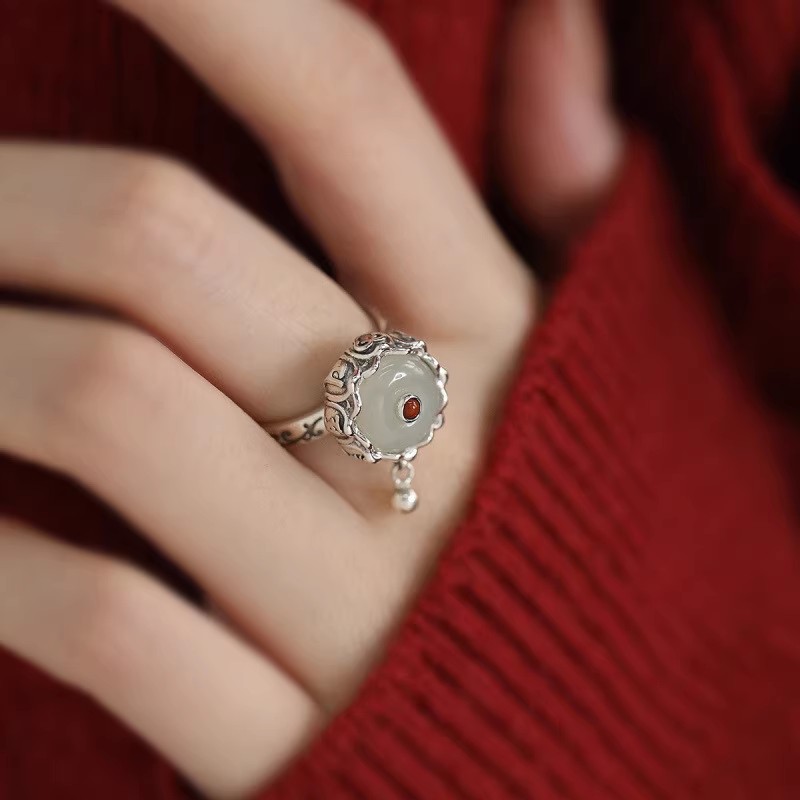 925银复古新中式旋转动戒指环唐草纹和田玉莲花六字真言开口调节