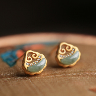 纯银古法金高级感翡翠如意耳钉女夏小众设计感古风耳饰耳环