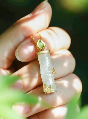 【秀竹】天然和田玉白玉竹节复古女项链925银节节高竹子银饰吊坠