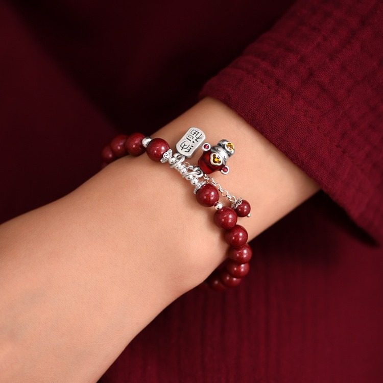 天然朱砂手串足银999纯银小财神爷手链男女士新中式本命招财手链