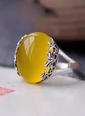 复古s925银琥珀蜜蜡绿玉髓戒指