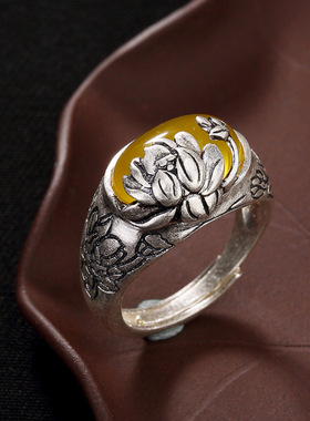 S990足银莲花镶嵌开口戒指复古哑光纯银指环女款黄玉髓白玉银戒指