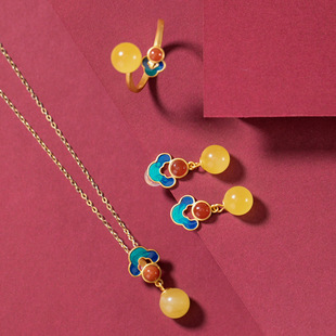 S925纯银镀金琥珀蜜蜡耳钉国潮景泰蓝祥云如意圆珠银戒指吊坠套装