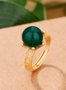 网红国潮汉服配饰扳指民族风古法镀金皇冠戒指镶嵌天然绿玉髓指环