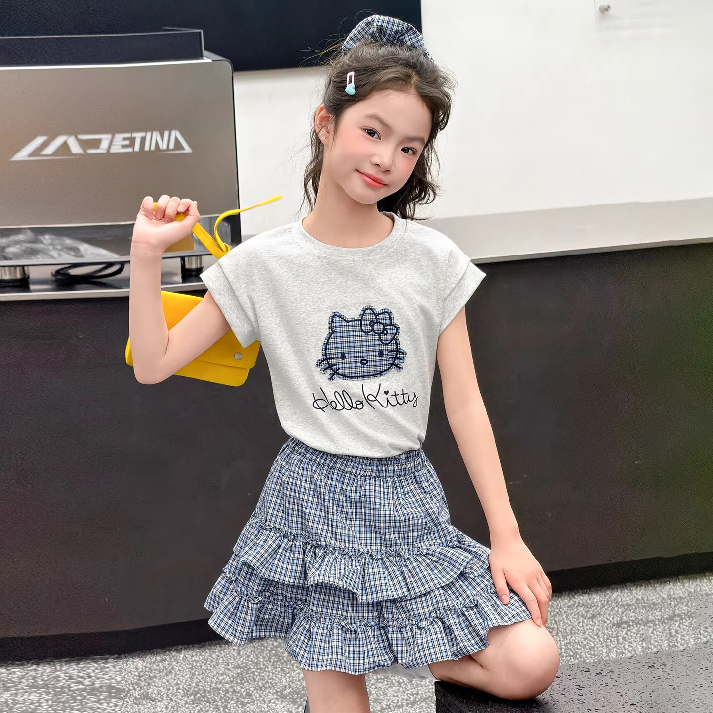 DWDZ女童格子蛋糕裙套装2026夏款T恤短裙新款儿童女大童短袖裙子