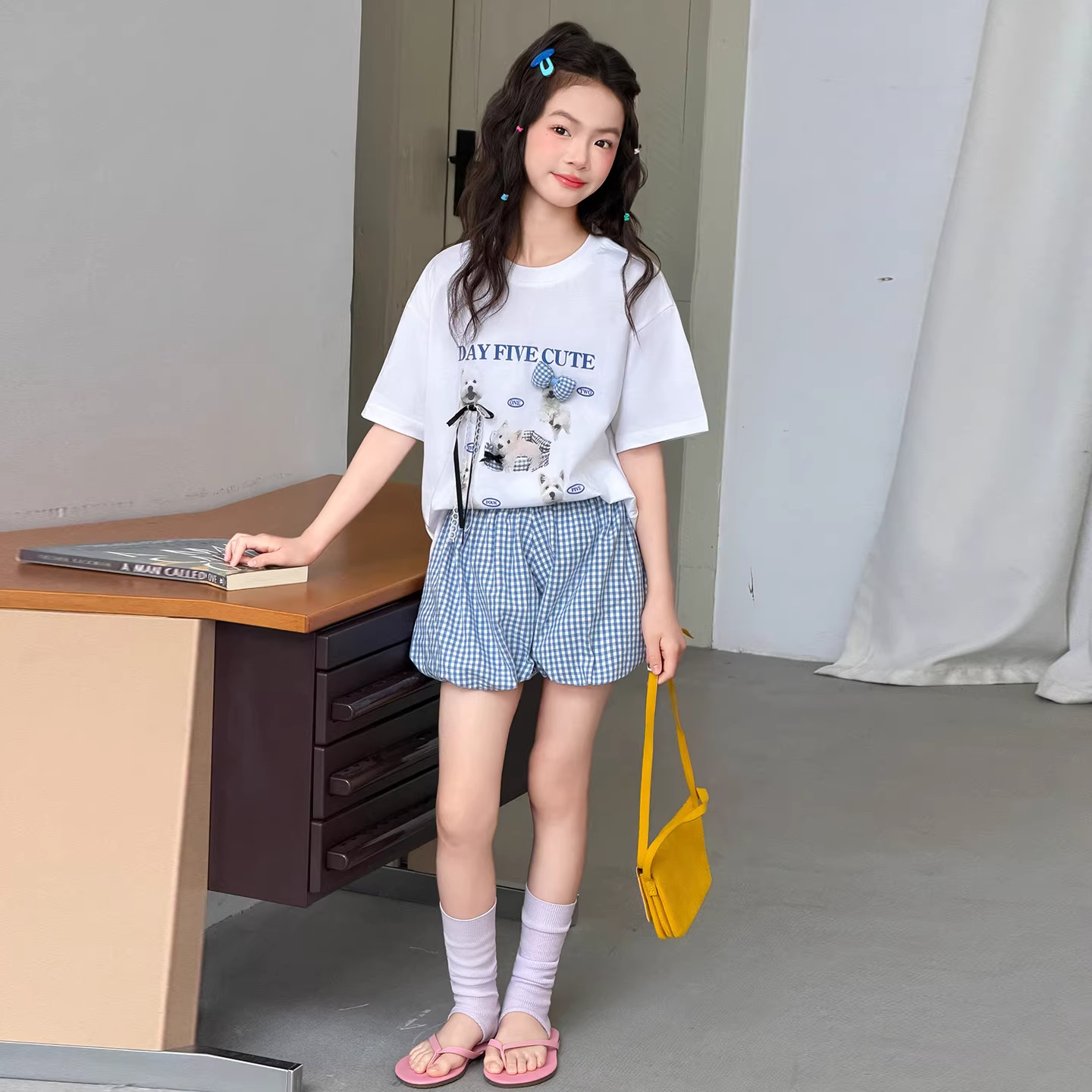 DWDZ女童格子花苞裤套装女大童2026夏季新款T恤短裤儿童短袖裤子