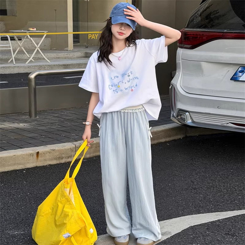 DWDZ女童短袖长裤套装爱心上衣阔腿裤新款儿童T恤裤子女大童夏装