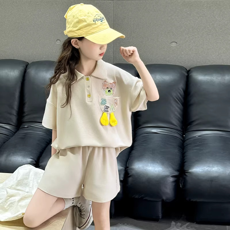 DWDZ女童Polo衫套装夏季儿童学生女孩T恤短袖短裤女大童运动夏装
