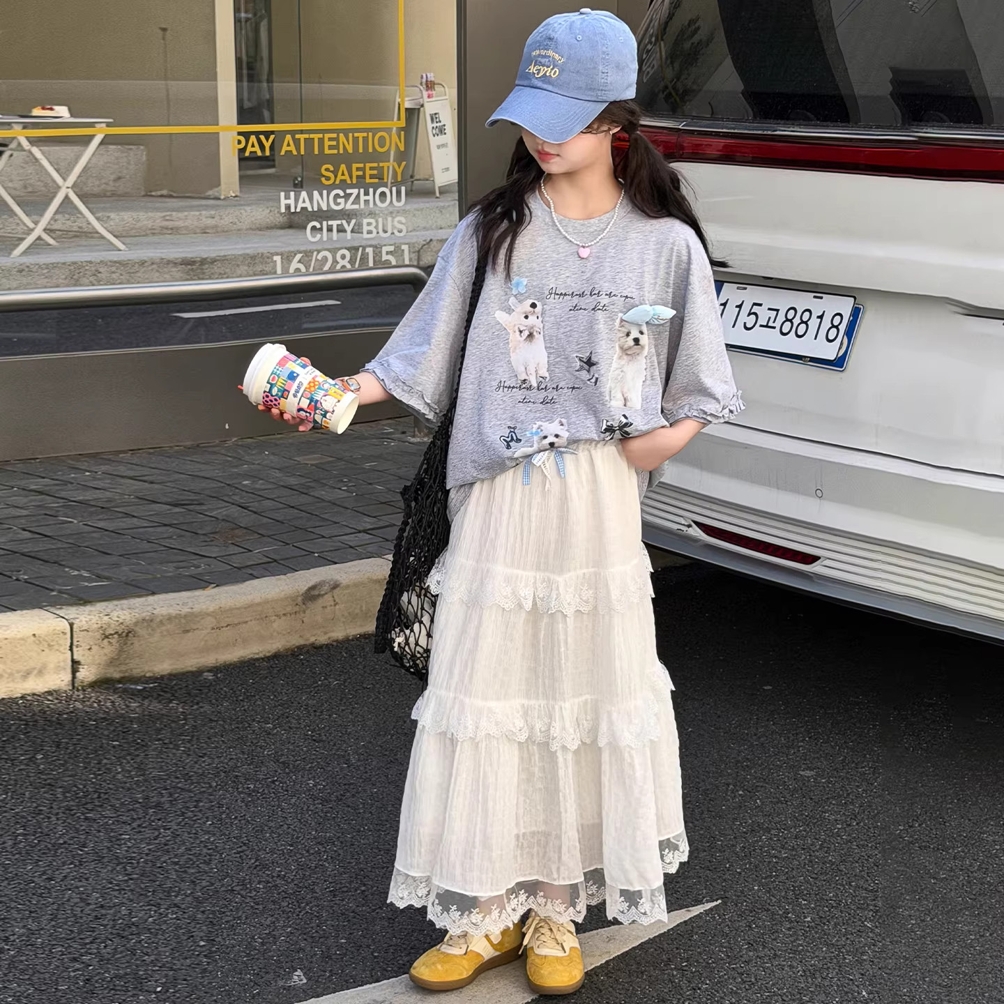 DWDZ女童短袖蛋糕裙套装2026上衣半身长裙新款T恤裙子女大童夏装
