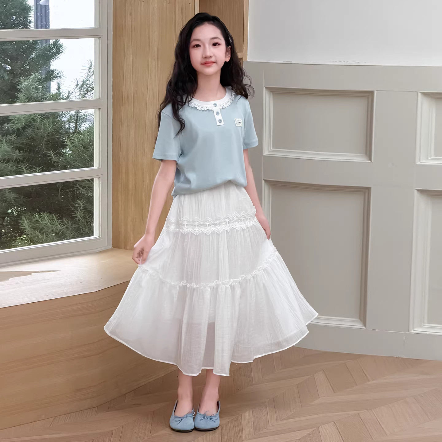 DWDZ2026新款儿童薄款女童短袖半身裙套装T恤长裙夏装女大童裙子